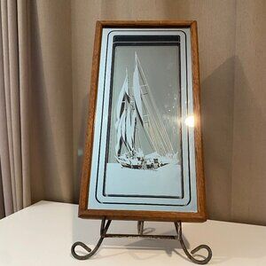 Vintage Etched Glass Nautical Sailboat‎ Wall Art Framed 18.5”x10”